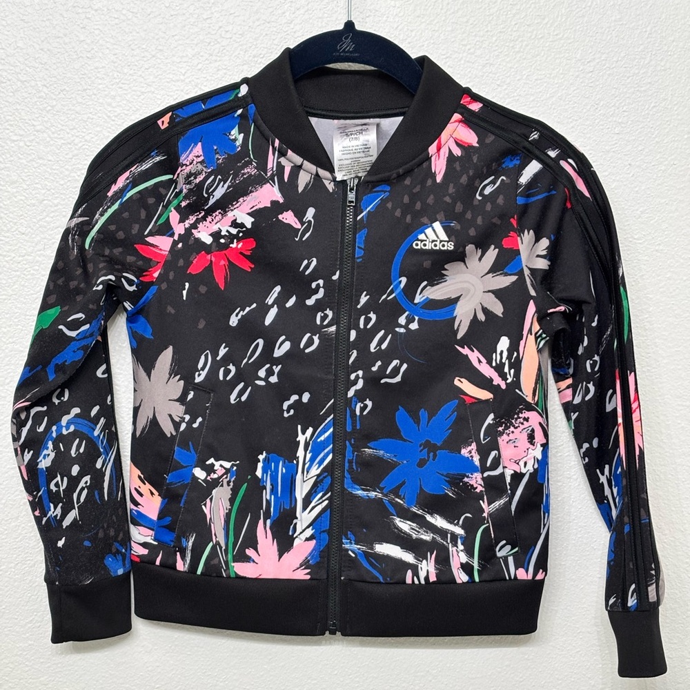 Adidas Girls Black Tricot Bomber Jacket w/Multi-color Floral Print Size S (7/8)